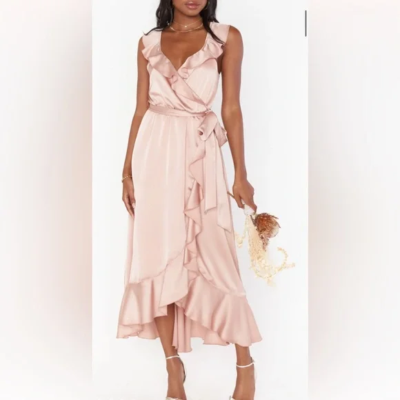 Show Me Your MuMu | Dresses | Samantha Ruffle Wrap Dress Rose Gold Luxe Satin | Poshmark Show Me Your MuMu | Dresses | Samantha Ruffle Wrap Dress Rose Gold Luxe Satin | Poshmark